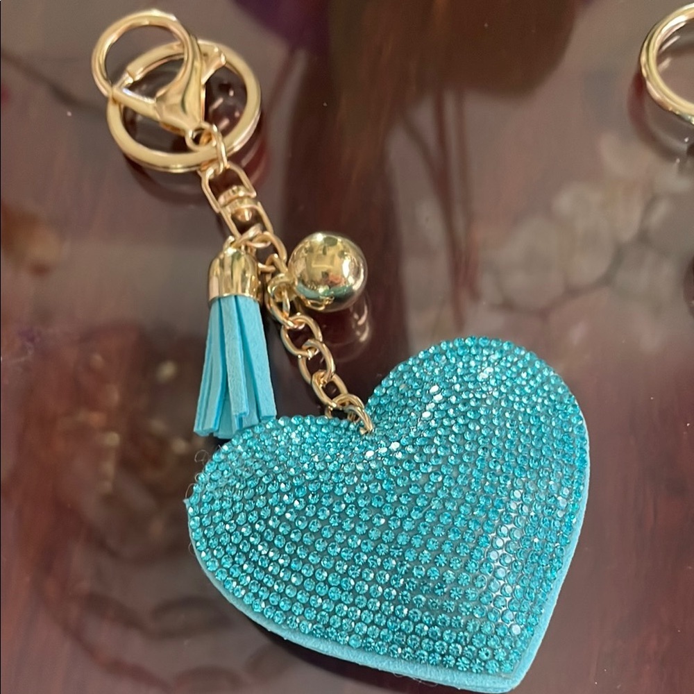Blue Heart Rhinestone Keychain-Purse Charm Gold Ball-Blue Tassel New